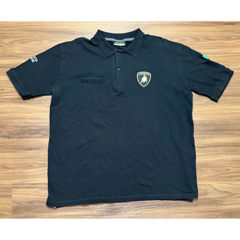 Lamborghini Mens Black Polo Knit Shirt Gold Shield Logo Assistenza Tecnica Sz L